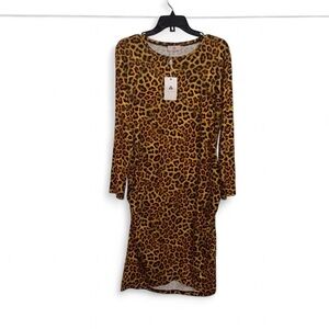 Lo-Cali Brown Boho Cheetah Print Long Sleeve Dress W/ Stretchy Fit, NWT, XL